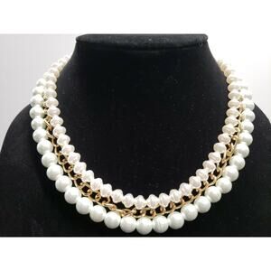 3 Layered Style Statement Necklace with White Faux Pearls and Gold Tone Chain